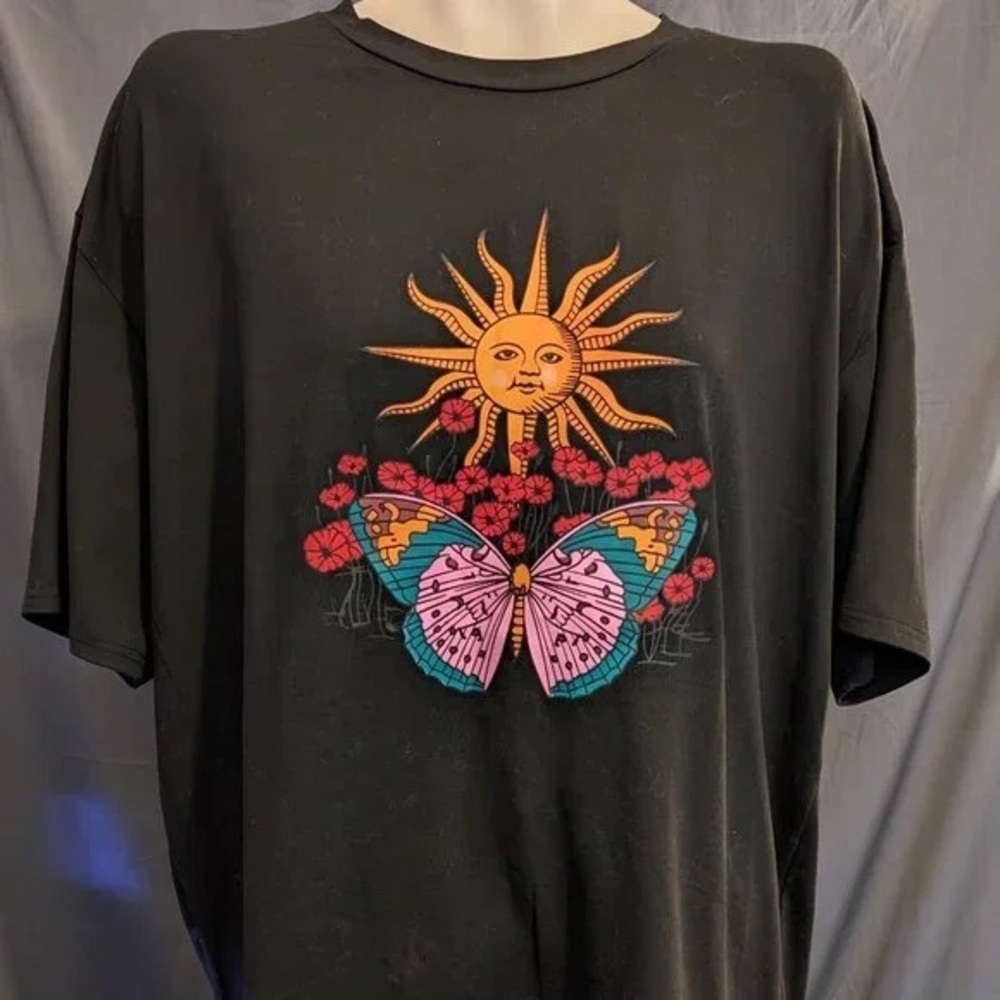 Black T-Shirt with Sun and Butterfly Design